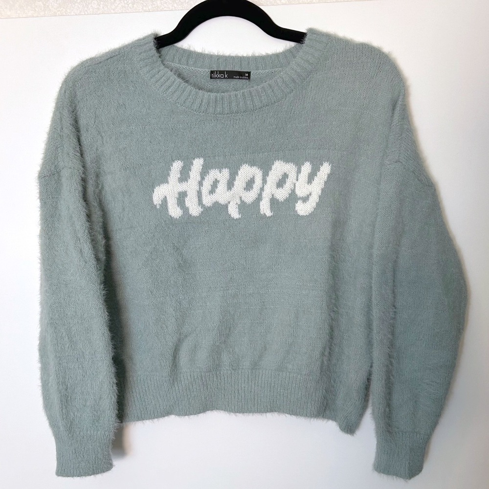 Nikka K Women's Medium Happy Light Blue Graphic Soft eyelash Crew neck Sweater